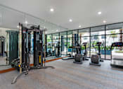 Thumbnail 25 of 49 - A gym with a variety of equipment including treadmills, weights, and exercise machines.