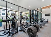 Thumbnail 26 of 49 - A gym with treadmills and elliptical machines.