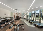 Thumbnail 16 of 48 - A gym with treadmills, weights, and exercise equipment.