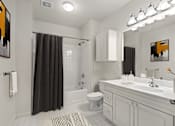 Thumbnail 11 of 34 - A bathroom with a white sink and a black shower curtain.