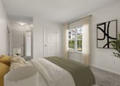 Thumbnail 5 of 34 - A bedroom with a large bed and a window with curtains.