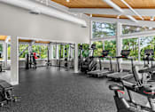 Thumbnail 12 of 34 - A gym with a variety of equipment including treadmills, weights, and exercise machines.