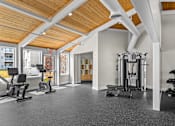 Thumbnail 14 of 34 - A gym with a variety of equipment including treadmills, weights, and a squat rack.
