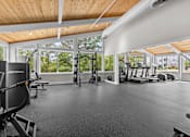 Thumbnail 13 of 34 - A gym with a variety of equipment including treadmills, weights, and exercise machines.