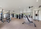 Thumbnail 8 of 33 - A spacious gym with a variety of equipment including treadmills, weights, and a bench press.