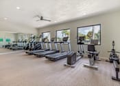 Thumbnail 10 of 33 - A spacious gym with treadmills, elliptical machines, and other exercise equipment.