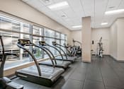 Thumbnail 7 of 26 - A gym with treadmills and a view of the outside.
