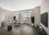 Thumbnail 1 of 26 - A living room with a grey couch, a coffee table, and a large window.