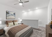 Thumbnail 5 of 42 - A bedroom with a bed, nightstands, and a painting on the wall.