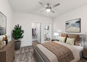 Thumbnail 4 of 42 - A bedroom with a bed, a ceiling fan, and a painting on the wall.