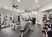 Thumbnail 14 of 38 - A spacious gym with a variety of equipment including a bench press, a leg press, a squat rack, and a rowing machine.
