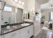 Thumbnail 4 of 29 - A bathroom with a sink, mirror, and a plant.