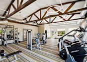 Thumbnail 12 of 29 - A gym with a variety of equipment including treadmills, weights, and exercise machines.
