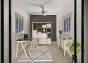 Thumbnail 6 of 12 - a home office with a white desk and white chairs with a blue and white rug at SLX Atlanta, Chamblee, Georgia
