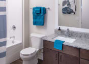 Thumbnail 7 of 40 - a bathroom with a shower toilet sink and mirror at Maven on Broadway, Rochester, MN, 55904