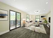 Thumbnail 9 of 14 - A living room with a white couch and a coffee table.