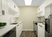 Thumbnail 12 of 14 - A kitchen with white cabinets and stainless steel appliances.