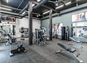 Thumbnail 20 of 21 - A gym with a variety of equipment including weights and machines.