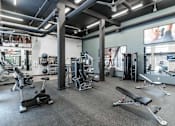 Thumbnail 20 of 21 - A gym with a variety of equipment including a rowing machine, a bench press, and a squat rack.