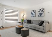Thumbnail 6 of 21 - a living room with a gray couch and two round tables