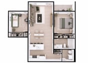 Thumbnail 19 of 20 - A top-down view of a small apartment with a kitchen, living room, and bathroom.