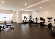 Thumbnail 9 of 24 - A gym with a variety of exercise equipment including treadmills, stationary bikes, and weight machines.