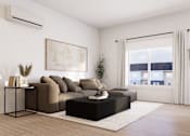 Thumbnail 9 of 20 - A modern living room with a large window and a brown sofa.