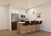 Thumbnail 8 of 20 - A modern kitchen with a refrigerator, sink, and bar stools.