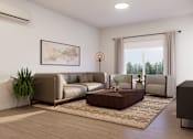 Thumbnail 15 of 20 - A living room with a brown leather sofa, a wooden coffee table, and a painting on the wall.