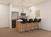 Thumbnail 16 of 20 - A modern kitchen with a bar stool and a fridge.