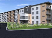 Thumbnail 5 of 24 - a rendering of an apartment building with a car parked in front of it
