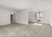 Thumbnail 9 of 12 - A large empty room with a carpeted floor and a chandelier hanging from the ceiling.