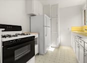 Thumbnail 10 of 12 - A kitchen with a black stove top oven, a white refrigerator, and white cabinets with yellow countertops.