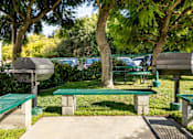 Thumbnail 5 of 12 - A park with green benches and trees.