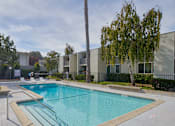 Thumbnail 14 of 20 - A swimming pool in a residential area with trees and buildings in the background.