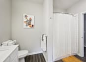 Thumbnail 11 of 49 - A bathroom with a toilet, a shower curtain, and a picture on the wall.