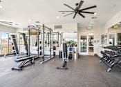 Thumbnail 30 of 40 - A gym with a variety of equipment including treadmills, weights, and a bench press.