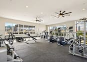 Thumbnail 26 of 40 - A spacious gym with a variety of equipment and a view of the city.