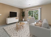 Thumbnail 2 of 24 - a living room with a white rug and a couch and a television