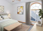Thumbnail 16 of 24 - a bedroom with a large window and a bench at the end of the bed