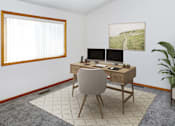 Thumbnail 8 of 24 - a desk with two monitors and a chair in a room with a plant and a window