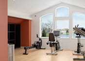 Thumbnail 6 of 24 - three exercise machines in a room with three large windows