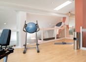 Thumbnail 14 of 24 - a workout room with a blue exercise ball and a treadmill