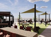 Thumbnail 14 of 26 - A rendering of an outdoor cafe with tables and chairs.