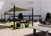 Thumbnail 13 of 26 - A rendering of an outdoor seating area with tables and chairs.