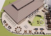 Thumbnail 11 of 26 - A rendering of a courtyard with tables and chairs.