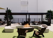 Thumbnail 12 of 26 - A patio with a fire pit and chairs.