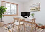 Thumbnail 4 of 27 - a home office with a dog sleeping on the floor