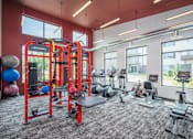 Thumbnail 18 of 30 - A gym with a variety of equipment including a treadmill, weights, and a bench press.