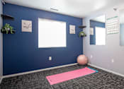 Thumbnail 9 of 18 - a yoga room with a pink yoga ball and blue walls